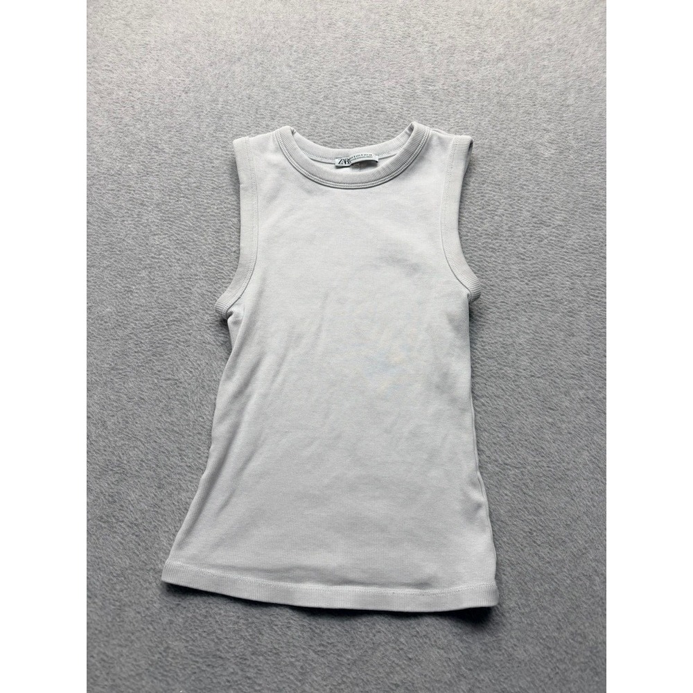 Zara Women Ribbed Tank Top Light Grey Sleeveless Crew Neck Basic Size S